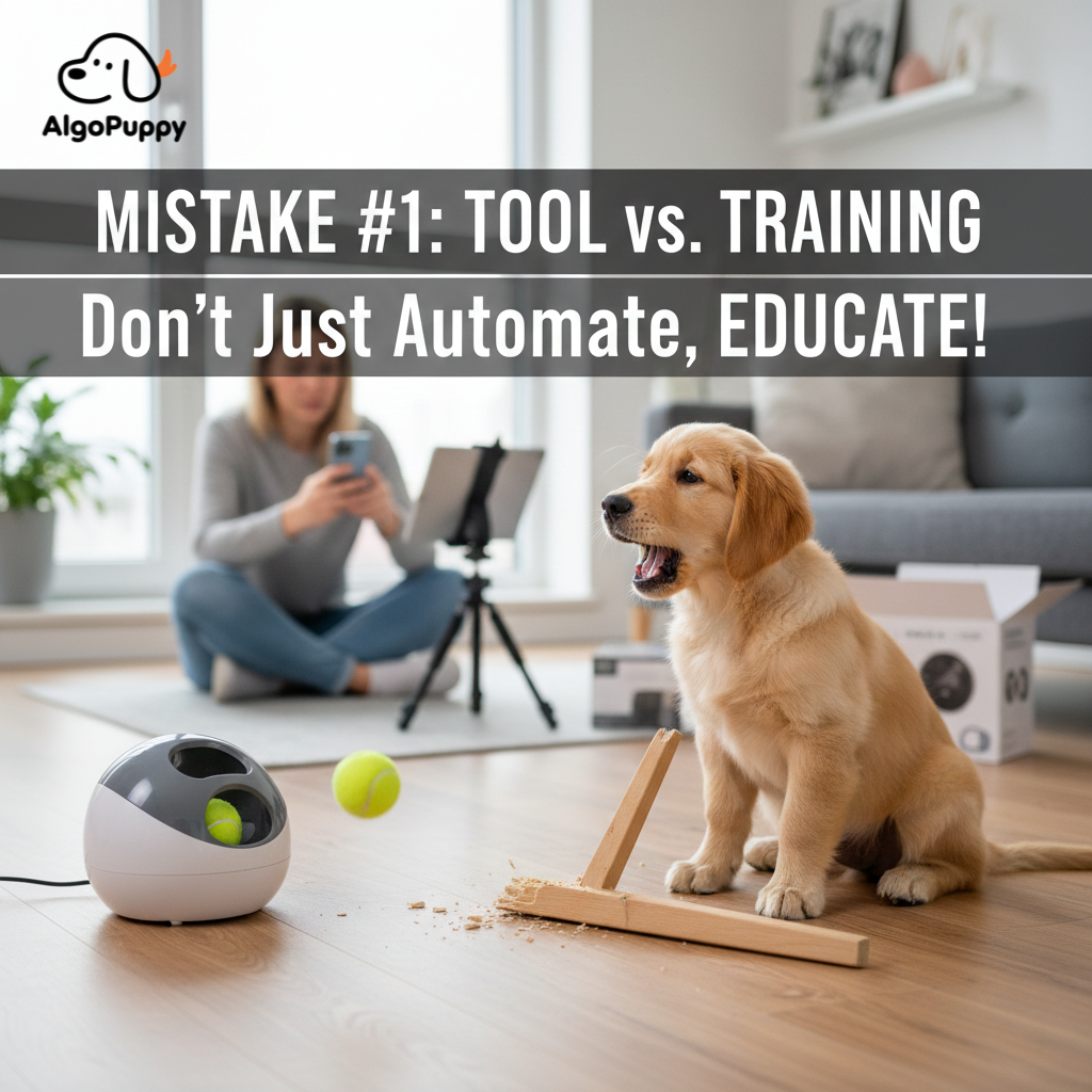Common pet tech training mistakes with a puppy barking at an automatic ball launcher