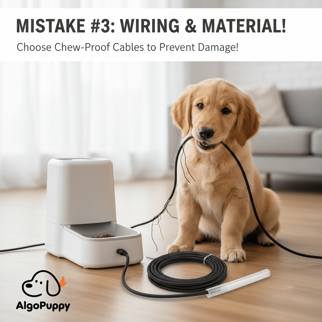 Puppy chewing on a thin power cable vs a chew-proof braided pet tech cable