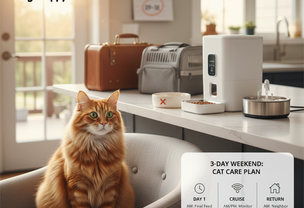An orange tabby cat sitting on a chair next to a smart automatic feeder and luggage, preparing for a 3-day weekend trip.