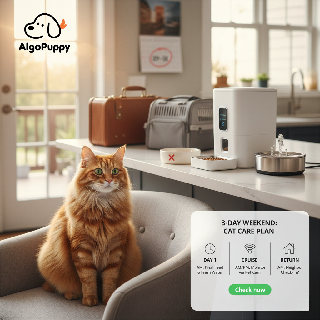 An orange tabby cat sitting on a chair next to a smart automatic feeder and luggage, preparing for a 3-day weekend trip.