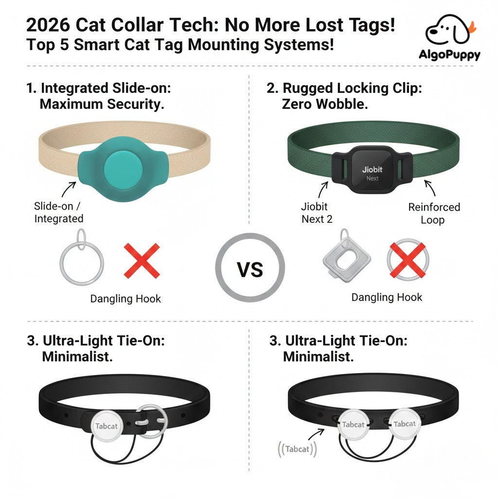 Infographic comparing secure cat tag mounting methods: integrated slide-on for AirTag, rugged locking clip for Jiobit, and ultra-light tie-on for Tabcat vs insecure dangling hooks.