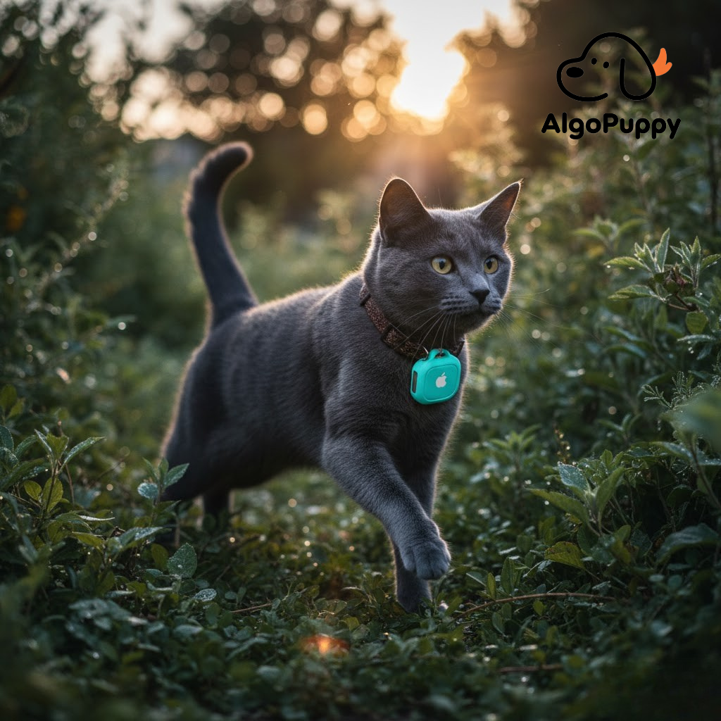 A grey cat exploring a garden wearing a secure teal Apple AirTag collar attachment during outdoor durability testing.