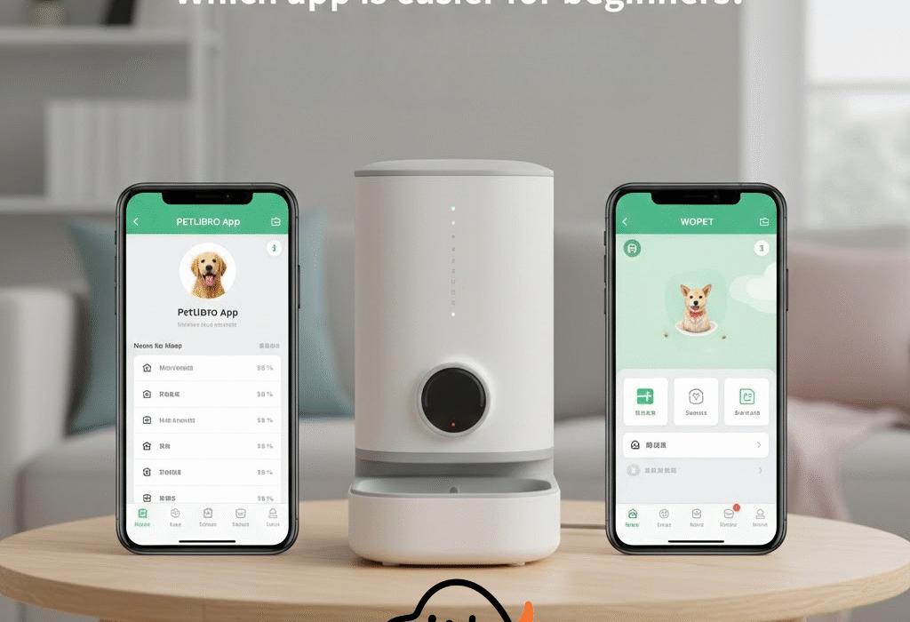 Comparison of PETLIBRO and WOPET smart feeder app interfaces for new puppy owners.
