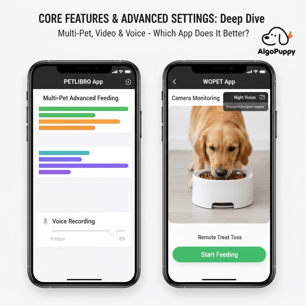A comparison of the core features and advanced settings of the PETLIBRO and WOPET smart pet feeder apps.
