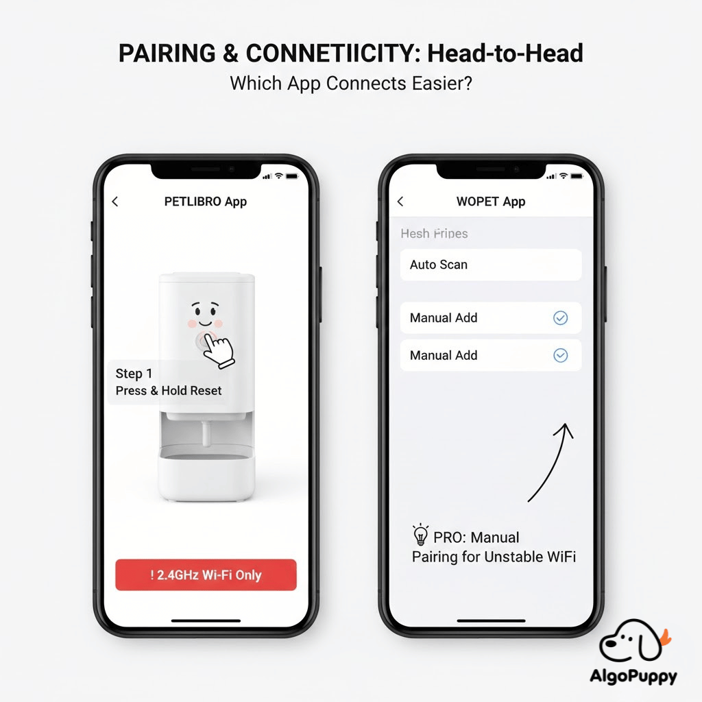 Comparison of App pairing and Wi-Fi connection settings for PETLIBRO and WOPET smart pet feeders.