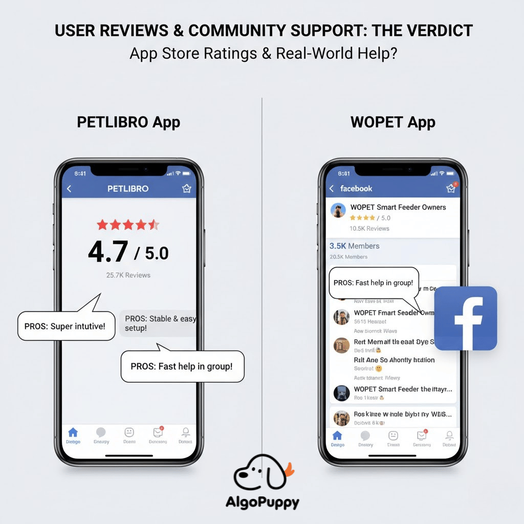 Comparison of PETLIBRO App Store ratings and WOPET Facebook community support for smart feeder users.