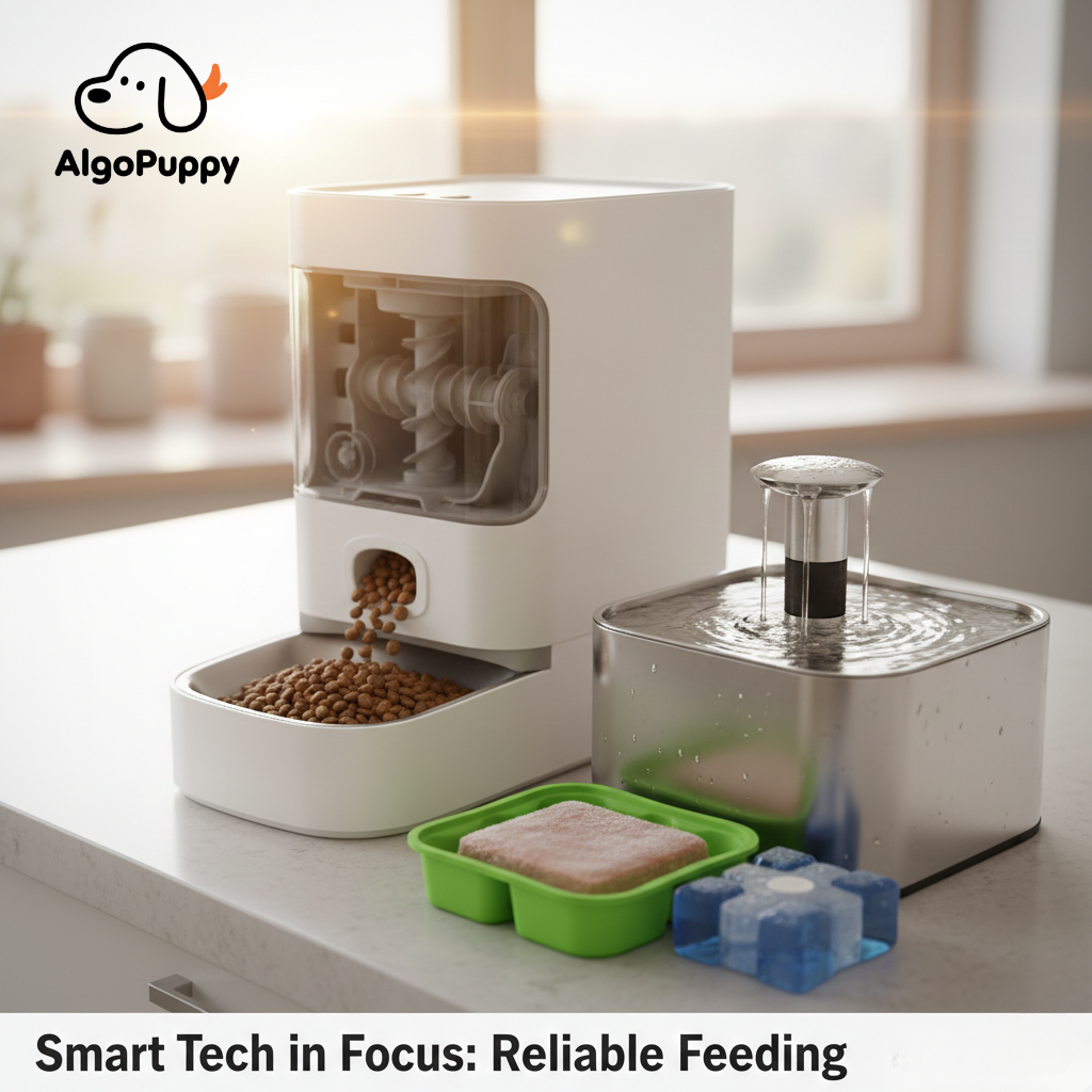 Technical close-up of an automatic cat feeder's internal dispensing rotor and a wet food tray with a green ice pack for freshness.