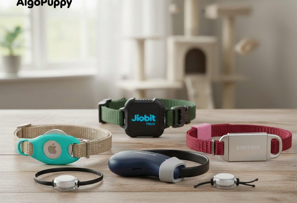 Comparison of 5 secure smart tags attached to cat collars showing different mounting methods.