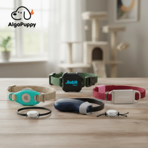 Comparison of 5 secure smart tags attached to cat collars showing different mounting methods.