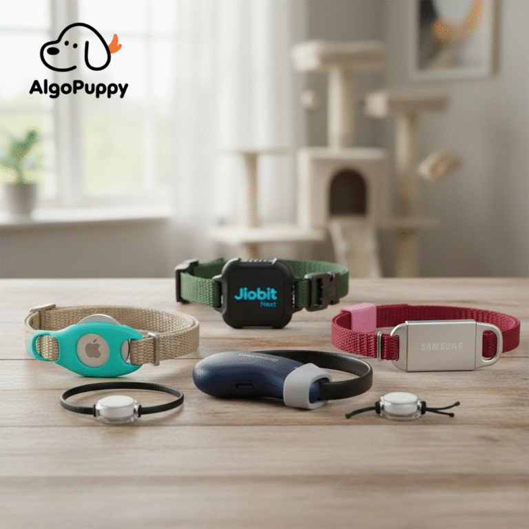 Comparison of 5 secure smart tags attached to cat collars showing different mounting methods.