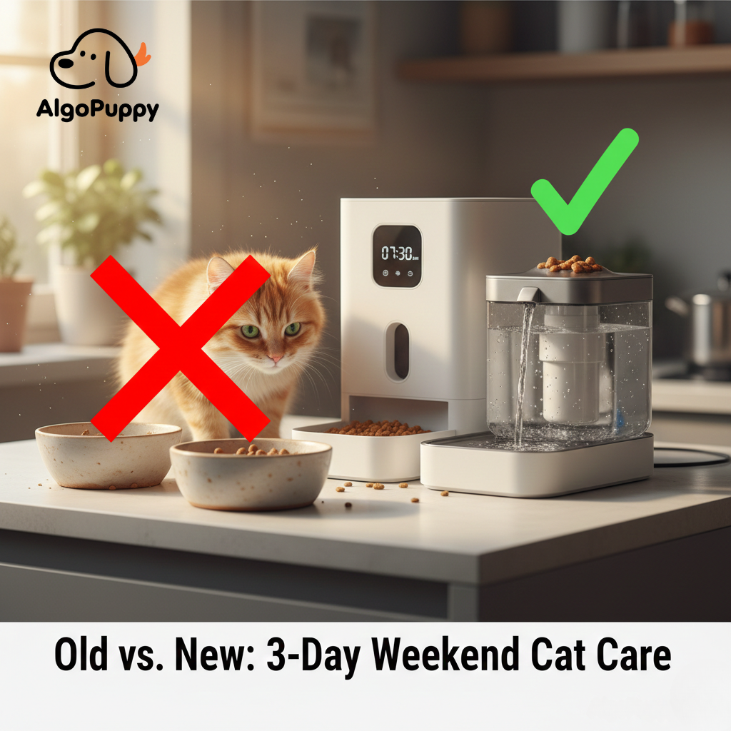 Side-by-side comparison of old-fashioned open cat bowls (red cross) versus a modern smart automatic feeder and filtered water fountain (green check) for a 3-day trip.