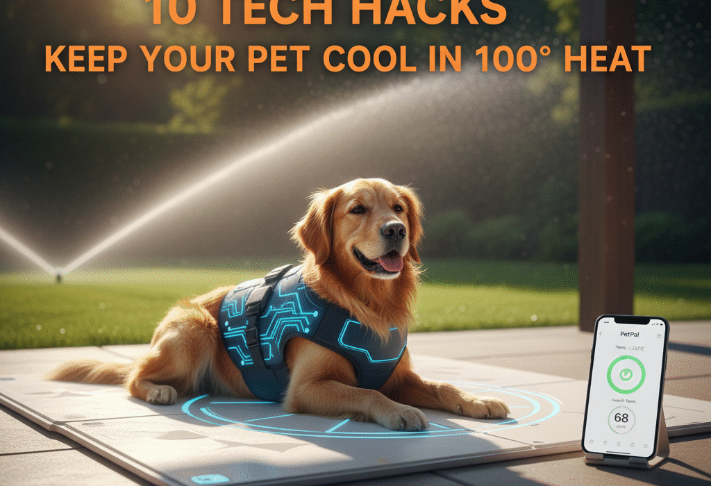A golden retriever wearing a tech cooling vest on a smart cooling mat during 100-degree summer heat, featuring the AlgoPuppy logo.