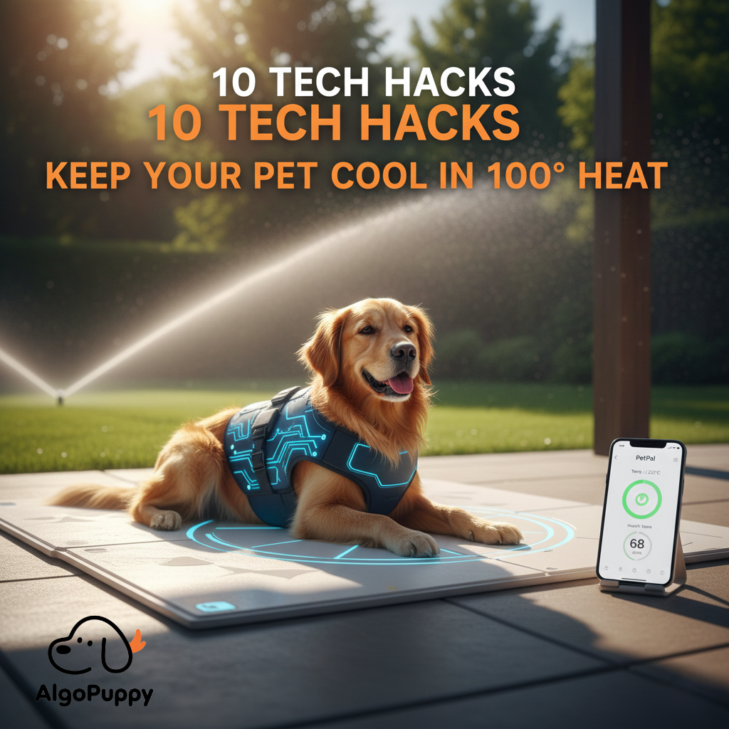 A golden retriever wearing a tech cooling vest on a smart cooling mat during 100-degree summer heat, featuring the AlgoPuppy logo.
