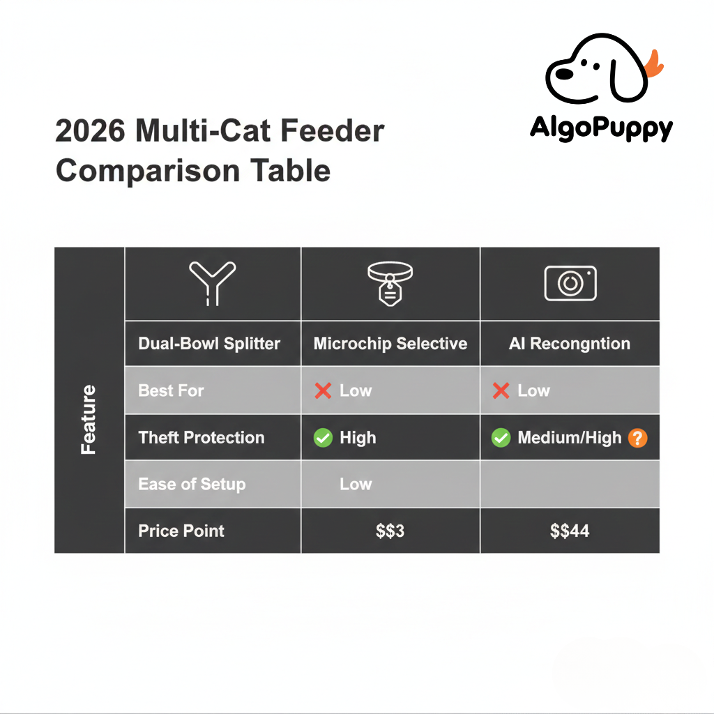 A comprehensive comparison table of different multi-cat feeder types including price, setup ease, and theft protection.