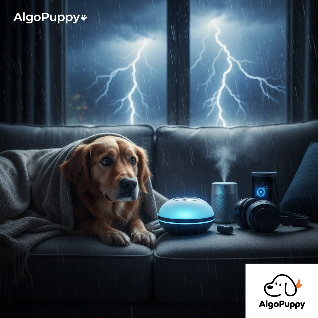 A dog seeking comfort during a thunderstorm with smart anxiety relief gadgets