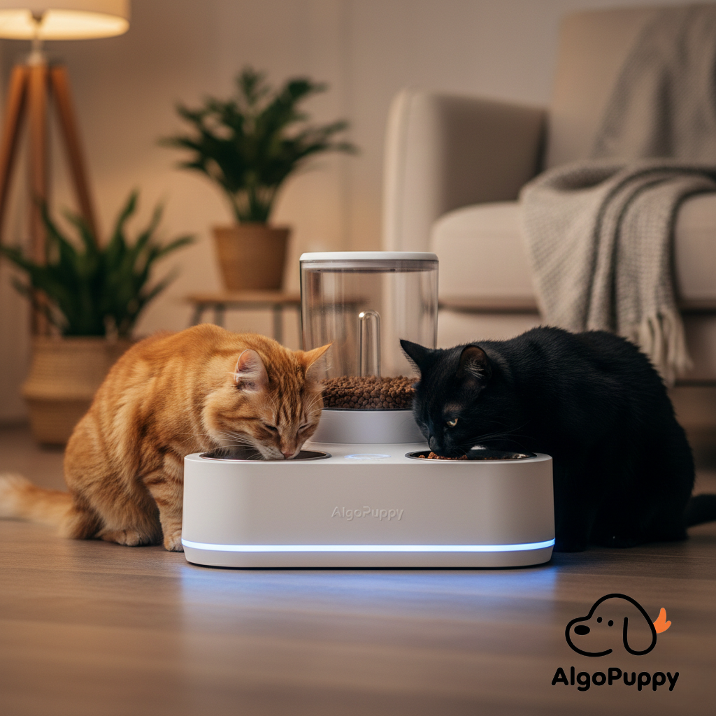 Two cats of different colors eating peacefully from a synchronized dual-bowl automatic feeder in a modern home.