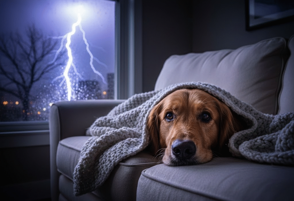 A worried dog hiding under a blanket during a thunderstorm