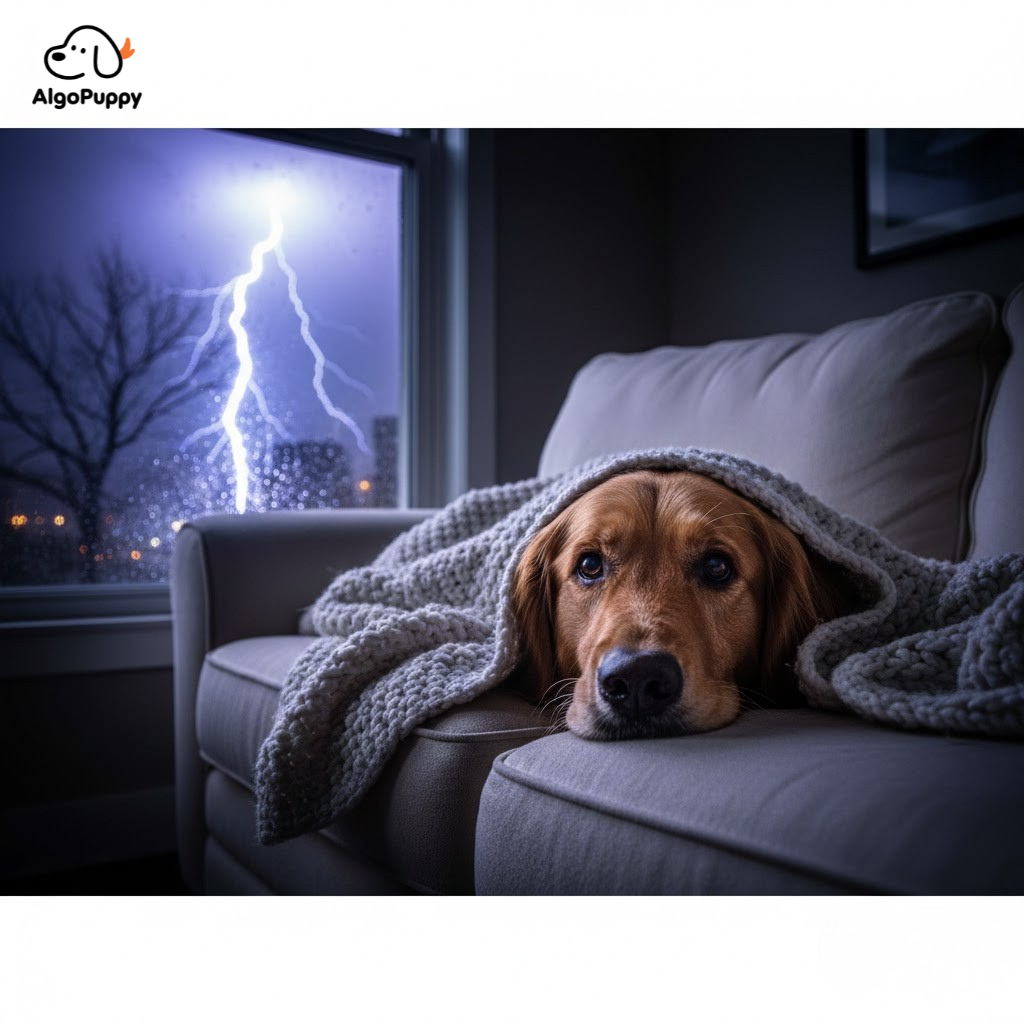 A worried dog hiding under a blanket during a thunderstorm
