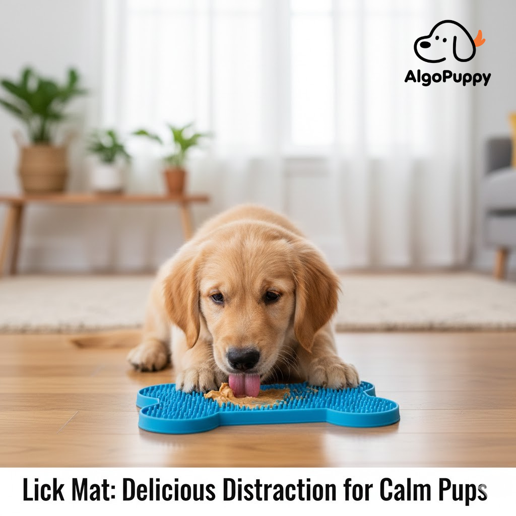 Dog licking peanut butter off a blue silicone lick mat