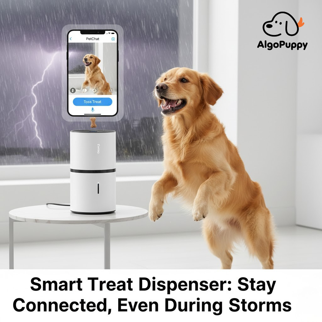 Smart dog camera tossing a treat to a golden retriever