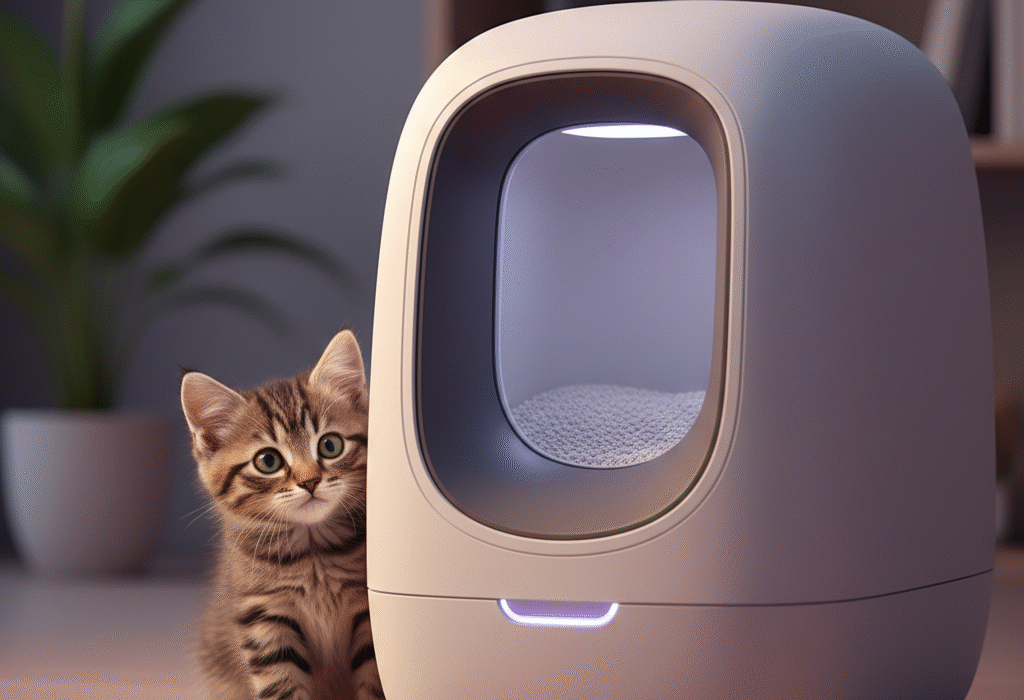 A curious kitten standing next to a futuristic automatic cat litter box, illustrating safety concerns for young cats.