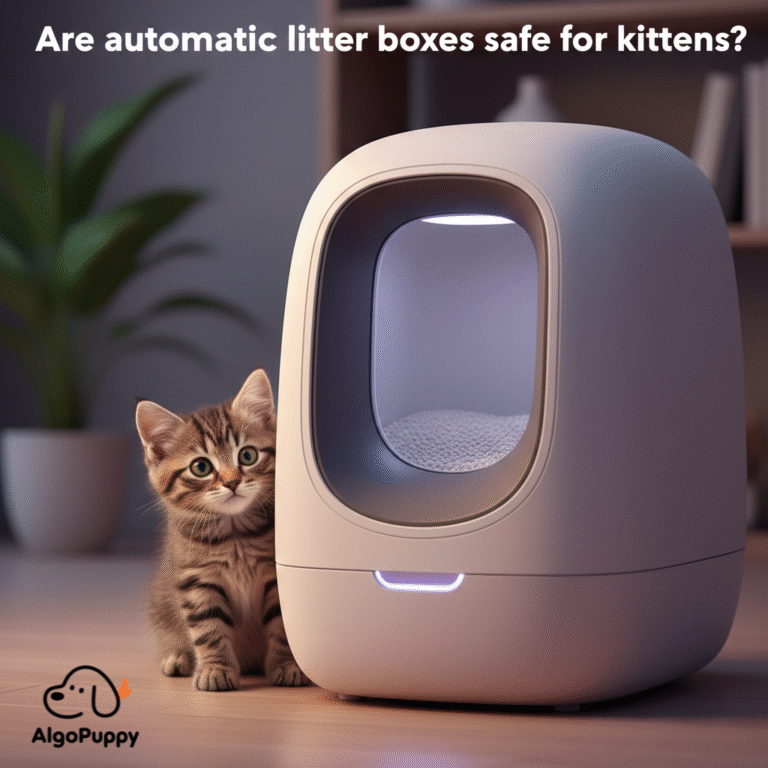 A curious kitten standing next to a futuristic automatic cat litter box, illustrating safety concerns for young cats.