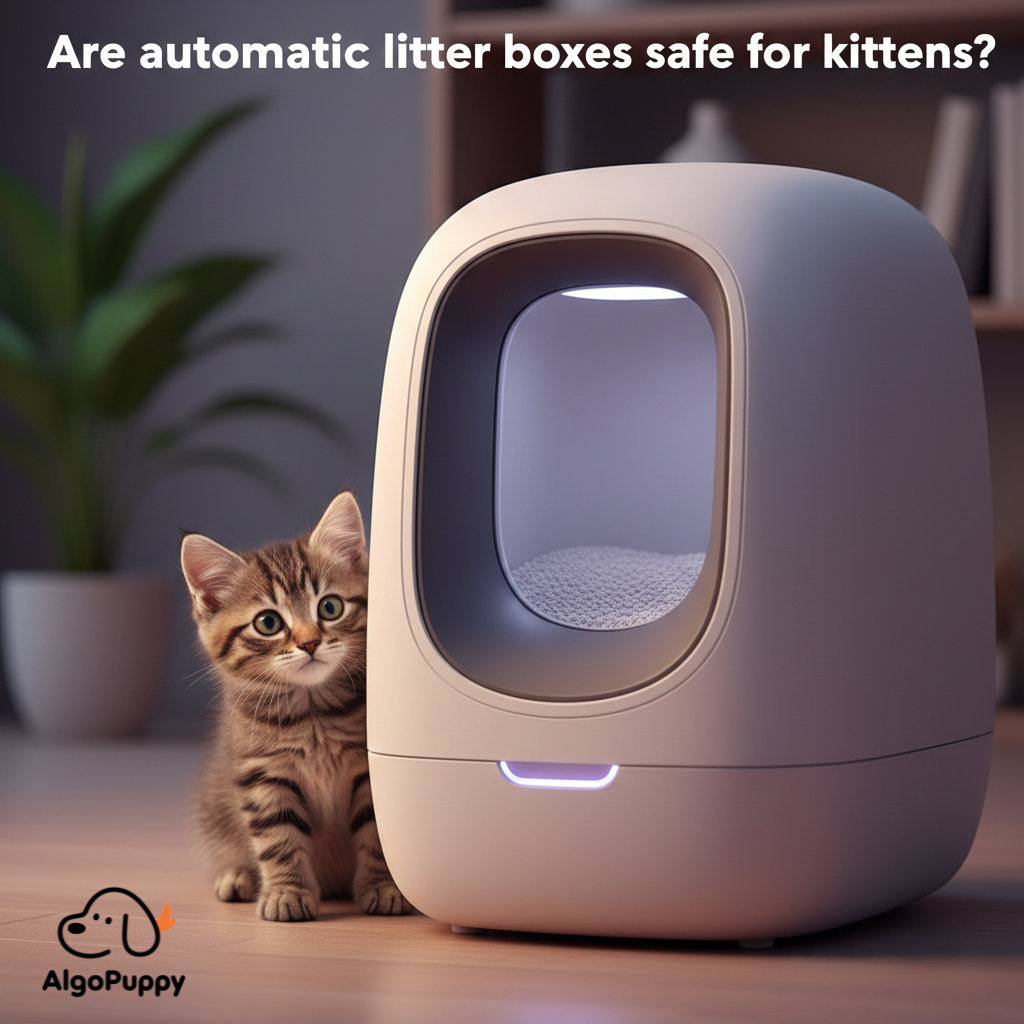 A curious kitten standing next to a futuristic automatic cat litter box, illustrating safety concerns for young cats.