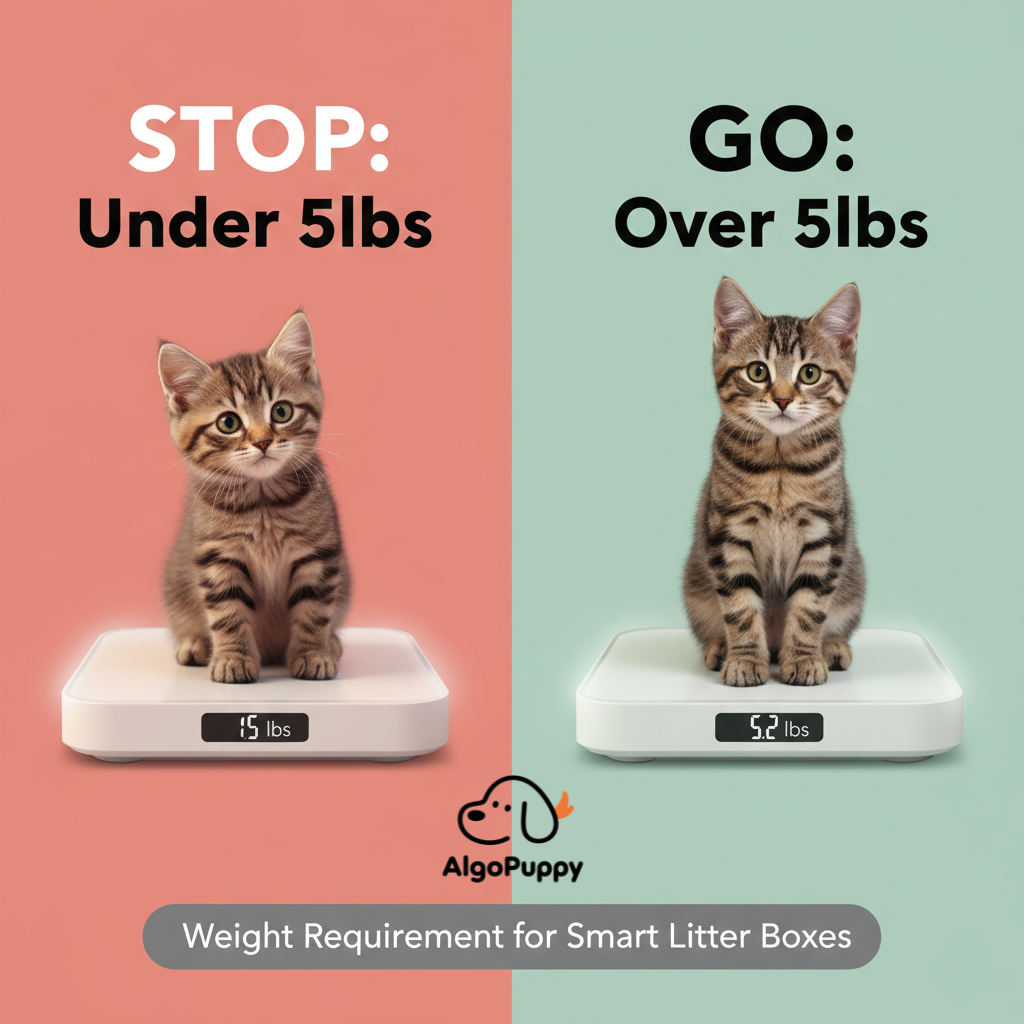 A comparison chart showing why kittens under 5 pounds should not use automatic litter box cleaning modes.