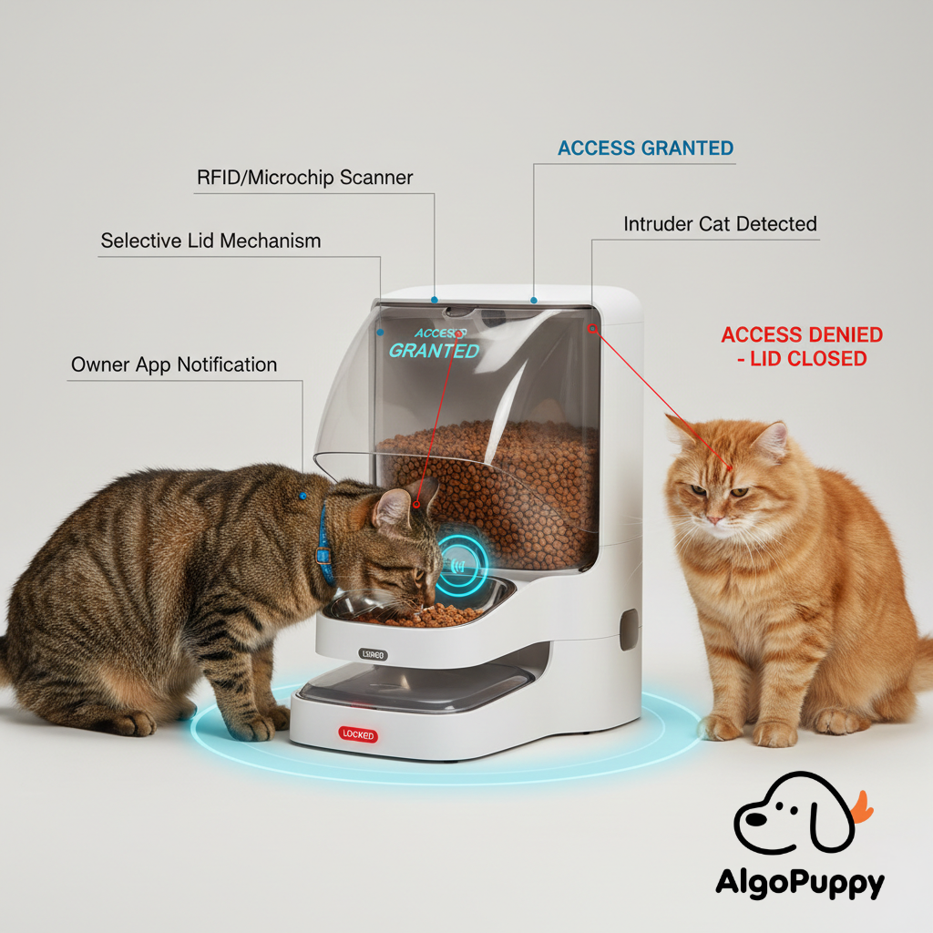 Technical diagram showing a microchip cat feeder granting access to the authorized cat while denying the intruder cat.