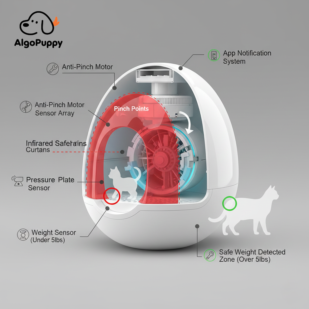 Detailed technical diagram showing infrared safety curtains, weight sensors, and anti-pinch motor zones in a smart litter box.
