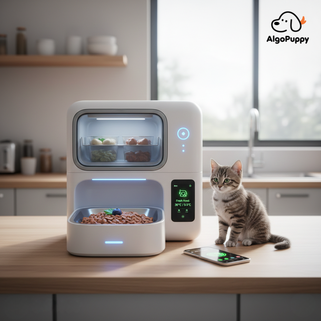 A golden retriever wearing a tech cooling vest on a smart cooling mat during 100-degree summer heat, featuring the AlgoPuppy logo.